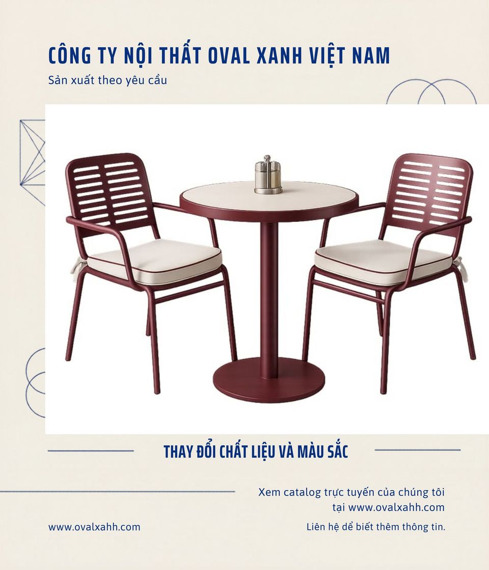 XƯỞNG OVAL XANH — BÀN GHẾ CAFE SÂN VƯỜN & OUTDOOR

✅ CUNG CẤP VÀ MUA BÁN GIÁ XƯỞNG: Chuyên sản xuất, gia công các bộ bàn ghế sắt lá, ghế đan dây dù, mây nhựa ngoài trời cho quán cafe, nhà hàng, bistro với báo giá bán gốc rẻ nhất thị trường.
✅ CHIẾT KHẤU GIẢM GIÁ CAO: Đơn hàng mua bán số lượng lớn, hợp đồng công trình chốt đơn ngay hôm nay nhận siêu chiết khấu và báo giá cạnh tranh trực tiếp.
✅ SẢN XUẤT GIA CÔNG THEO BẢN VẼ: Tùy chọn chất liệu, màu sơn tĩnh điện khung kim loại, màu dây đan để chốt đơn chuẩn thiết kế.
==========================
🎯 207C, Nguyễn Xí, Phường Bình Thạnh, Hồ Chí Minh
📞 Điện thoại: 0938 146 086 (Hiếu) (CALL/ZALO)
📩 : Contact@ovalxanh.com hoặc ovalxanh@gmail.com
🌐 website: ovalxanh.com và sanxuatbanghecafe.com
#OvalXanh #NoiThatCafe #BanGheNhaHang #DecorQuanCafe #InteriorDesign